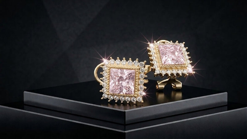 Cut Pink Jewel Earrings with a Glimmering Crystal Perimeter and Luxury Gold Finish