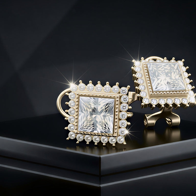 Precision-Cut Clear Diamond-Style Earrings with a Glimmering Crystal Perimeter and Luxury Gold Finish