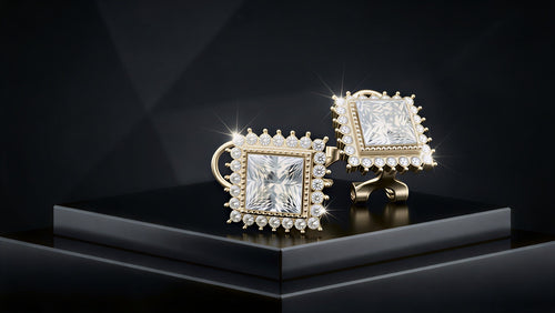 Precision-Cut Clear Diamond-Style Earrings with a Glimmering Crystal Perimeter and Luxury Gold Finish