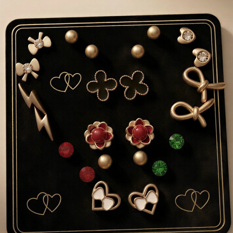 The Golden Keepsake Collection: Multi-Piece Luxury Earring Vault Featuring Black Clovers, Golden Bows, and Crimson Stone Accents