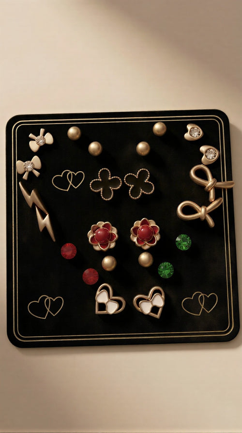 The Golden Keepsake Collection: Multi-Piece Luxury Earring Vault Featuring Black Clovers, Golden Bows, and Crimson Stone Accents