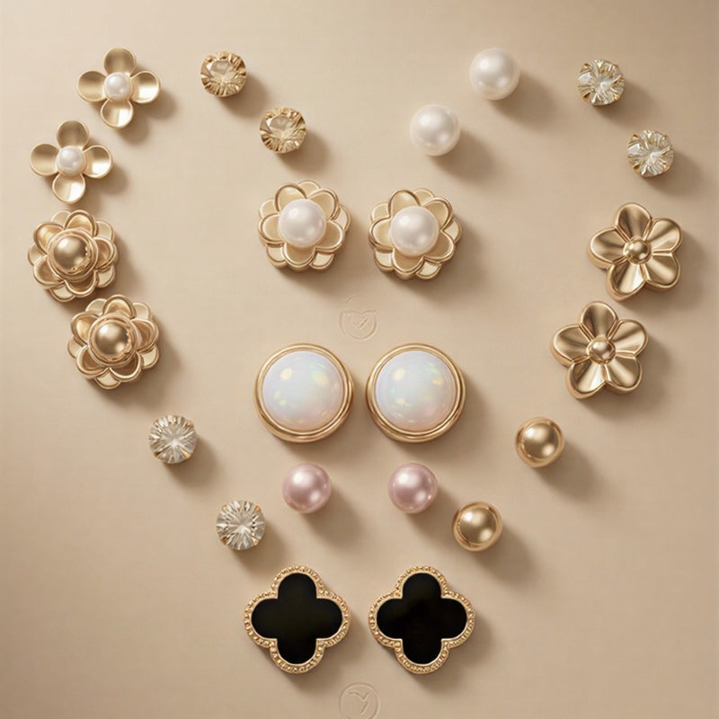 0-Pair Curated Luxury Earring Wardrobe Featuring Golden Flora, Celestial Moons, and Crystal Accents on a Premium Wood-Finish Display