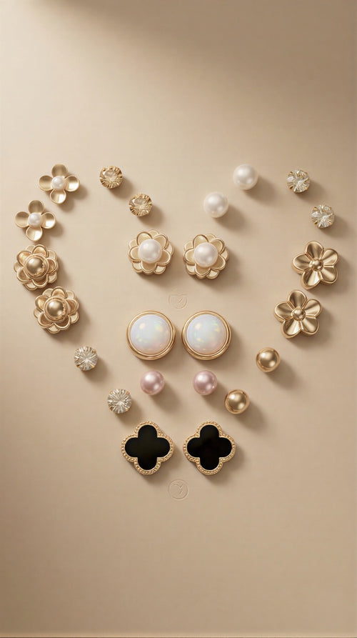 0-Pair Curated Luxury Earring Wardrobe Featuring Golden Flora, Celestial Moons, and Crystal Accents on a Premium Wood-Finish Display