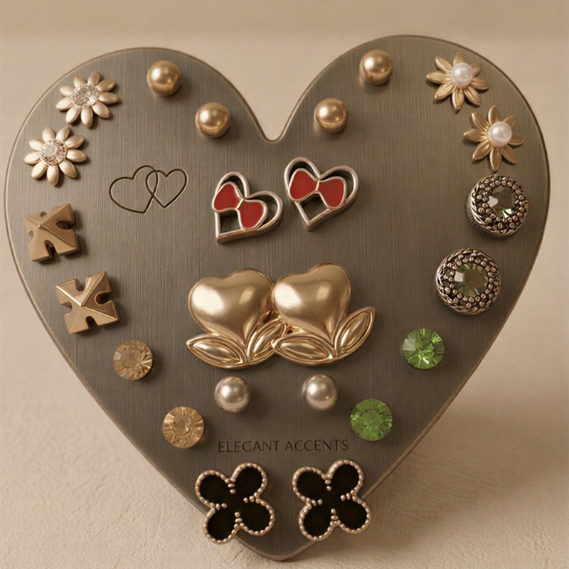 A Multi-Design Luxury Earring Collection Featuring Ruby-Red Stones, Golden Butterfly Bows, and Dainty Heart Charms