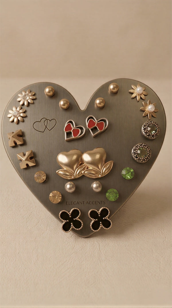 A Multi-Design Luxury Earring Collection Featuring Ruby-Red Stones, Golden Butterfly Bows, and Dainty Heart Charms
