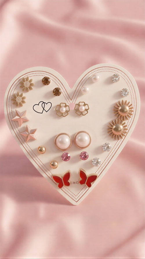 The Empress Heart Treasury: A Multi-Dimensional Luxury Earring Suite Featuring Onyx Clovers, Golden Lightning Bolts, and Crimson Floral Studs
