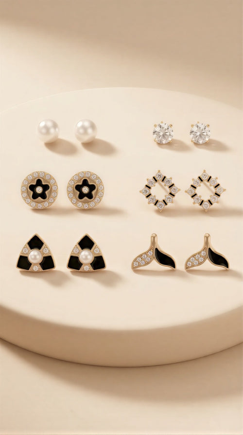 Signature Monochrome Earring Collection – 6-Pair Luxury Stud Set with Black Enamel & Crystal Accents