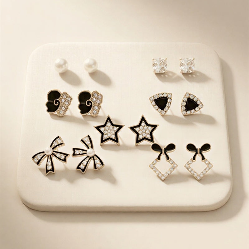 6-Pair Luxury Stud Set with Black Enamel & Crystal Accents