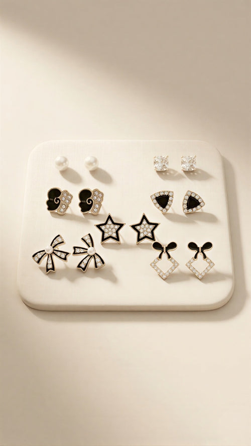 6-Pair Luxury Stud Set with Black Enamel & Crystal Accents