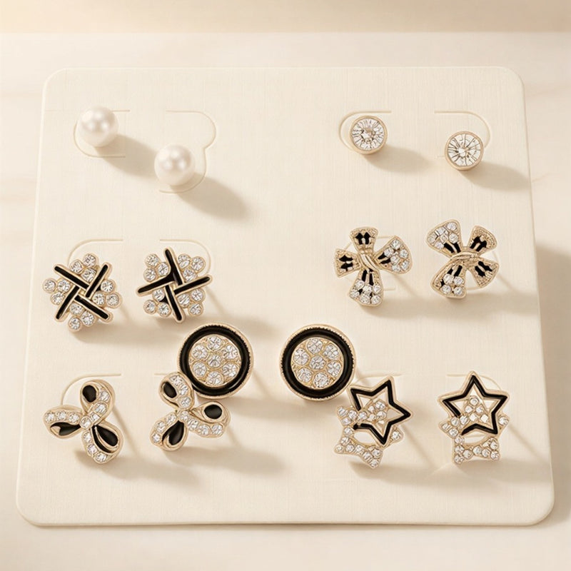 Signature Geometric Stud Set: 6 Pairs of Luxury Gold-Tone Earrings Featuring Black Enamel Shapes, Crystal Stars & Classic Pearls