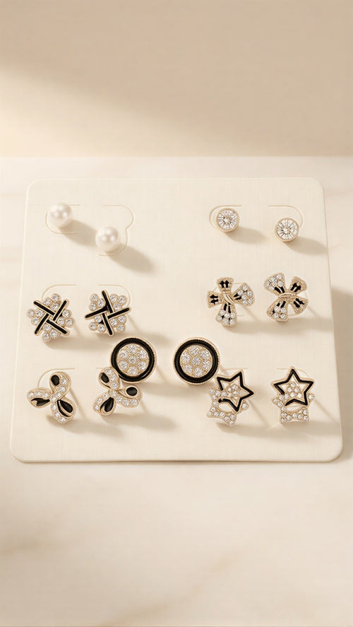 Signature Geometric Stud Set: 6 Pairs of Luxury Gold-Tone Earrings Featuring Black Enamel Shapes, Crystal Stars & Classic Pearls