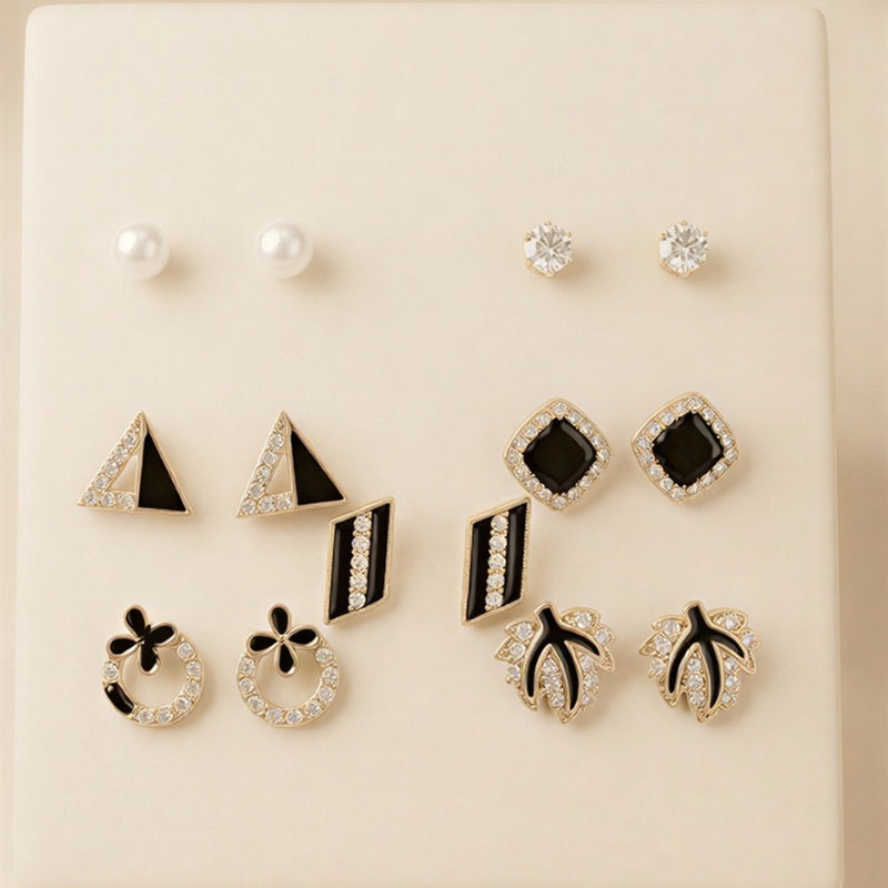Ultimate Versatility Earring Gift Set – 6 Designer Pairs of Crystal, Enamel, and Pearl Studs in High-Polish Gold Finish