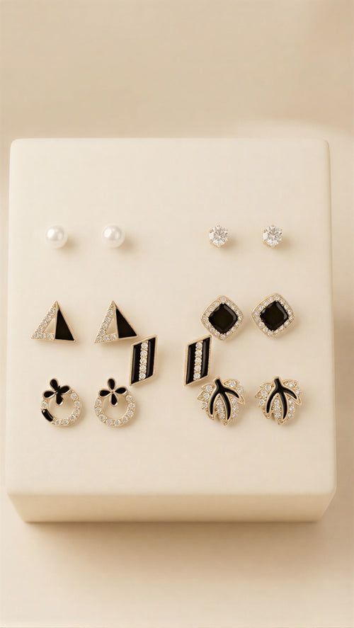 Ultimate Versatility Earring Gift Set – 6 Designer Pairs of Crystal, Enamel, and Pearl Studs in High-Polish Gold Finish