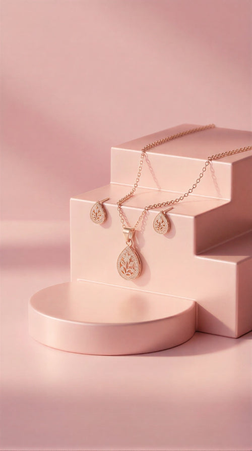 Luxe Gardenia Series: Intricate Floral Teardrop Pendant & Earring Set in Premium Rose Gold Finish
