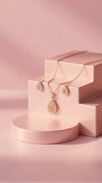 Luxe Gardenia Series: Intricate Floral Teardrop Pendant & Earring Set in Premium Rose Gold Finish