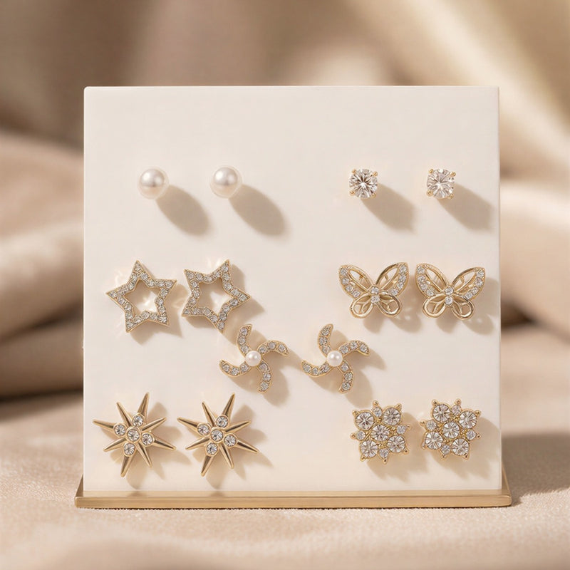 A Curated 14-Piece Multi-Design Earring Collection Featuring Delicate Bows and Radiant Crystal Motifs