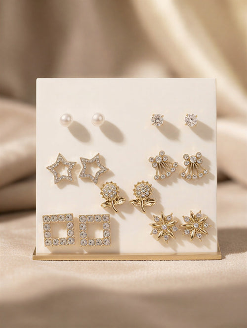 The Whimsical Gold Charm Gallery: A Premium 8-Piece Curated Earring Set Featuring Pearl, Star, Snowflake, and Signature Motif Studs in a Radiant Gold-Tone Finish