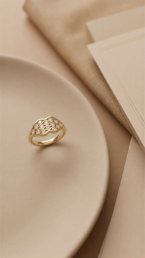 Luxe Beaded Halo Ring – Shimmering Crystal Band with Large Multi-Faceted Gemstone