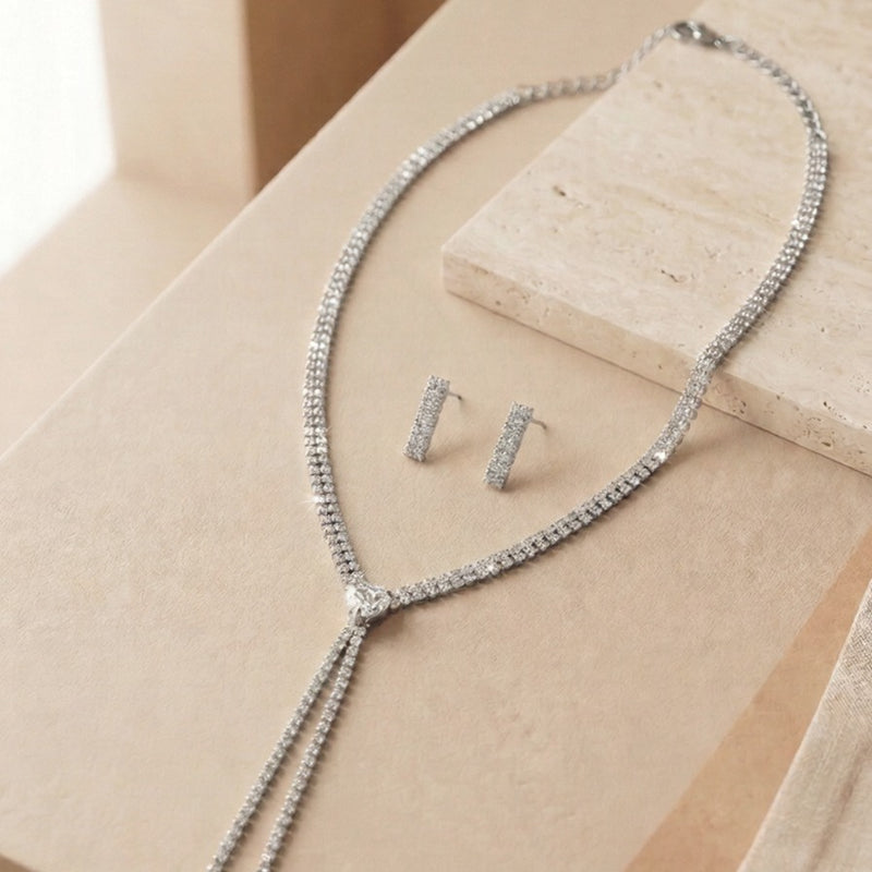 A Premium Double-Strand Silver-Tone Necklace with Matching Radiant Textured Bar Studsb