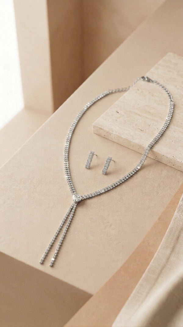 A Premium Double-Strand Silver-Tone Necklace with Matching Radiant Textured Bar Studsb