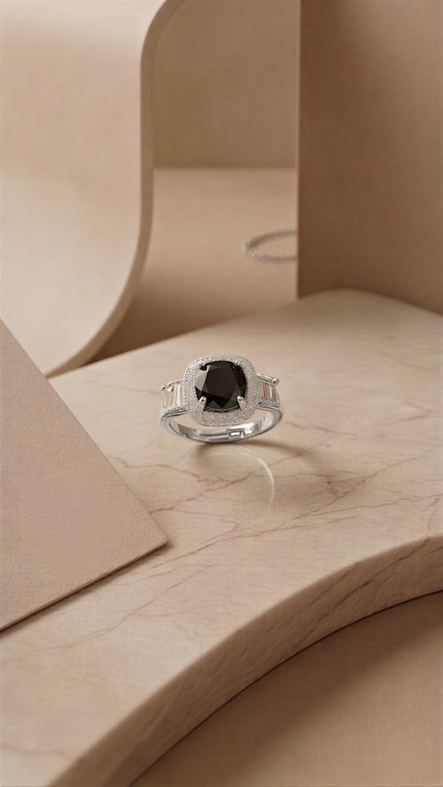n Imperial Pear-Cut Onyx-Tone Statement Ring Featuring Prismatic Pavé Contours, Available in Lustrous Gold & Sterling Silver Finishes
