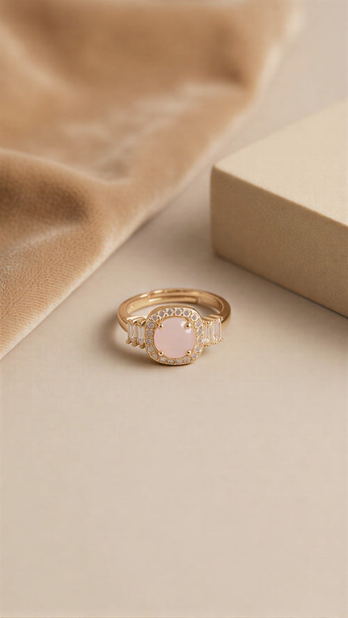 High-Concept Dual-Tone Statement Ring Showcasing an Ethereal Pink-Tinted Teardrop with Architectural Crystalline Architecture.