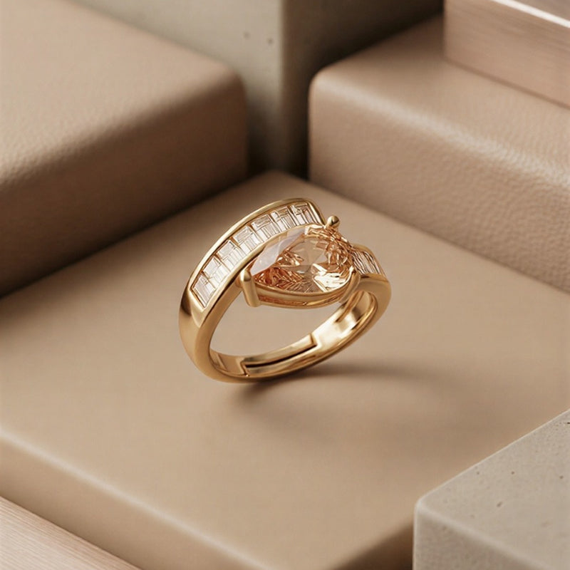 An Imperial Pear-Cut Peach Zircon Statement Ring Featuring Prismatic Baguette Contours, Available in Lustrous Gold & Sterling Silver Finishes