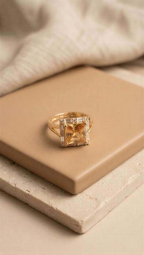 The Peachy Zenith: Versatile Metallic-Tone Prismatic Gemstone Ring