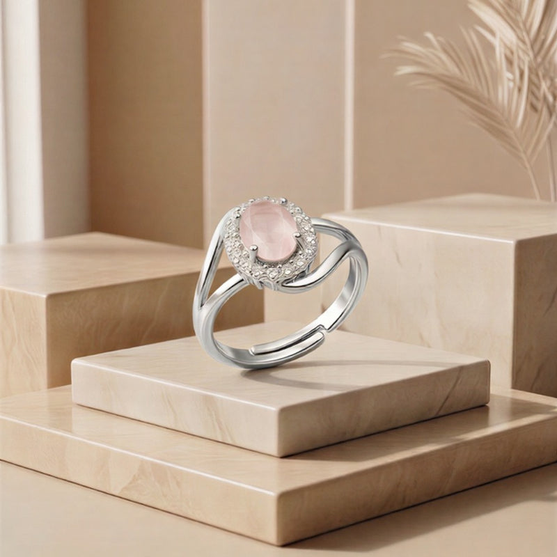 The Auric Bloom: Rose Quartz Halo Ring with Swirl-Shank Detail