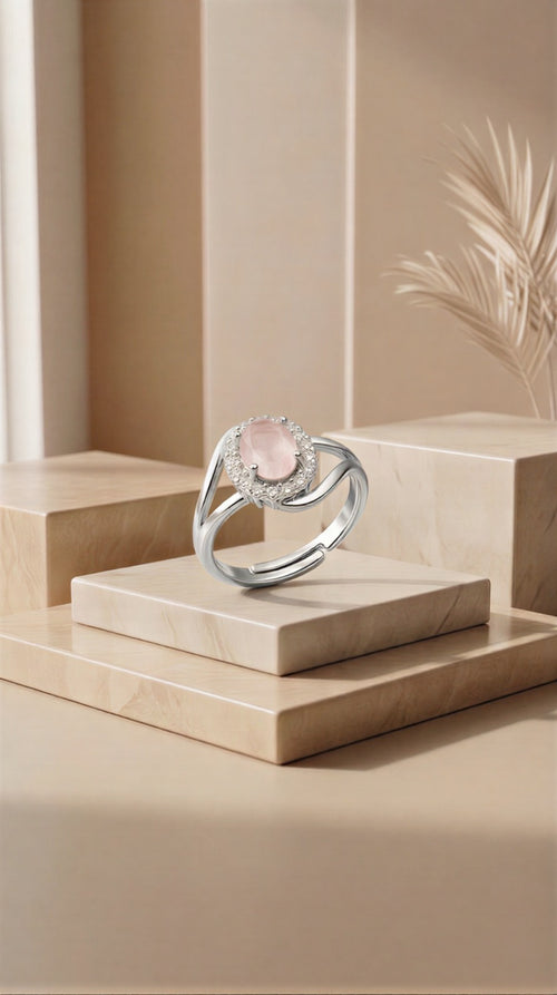 The Auric Bloom: Rose Quartz Halo Ring with Swirl-Shank Detail