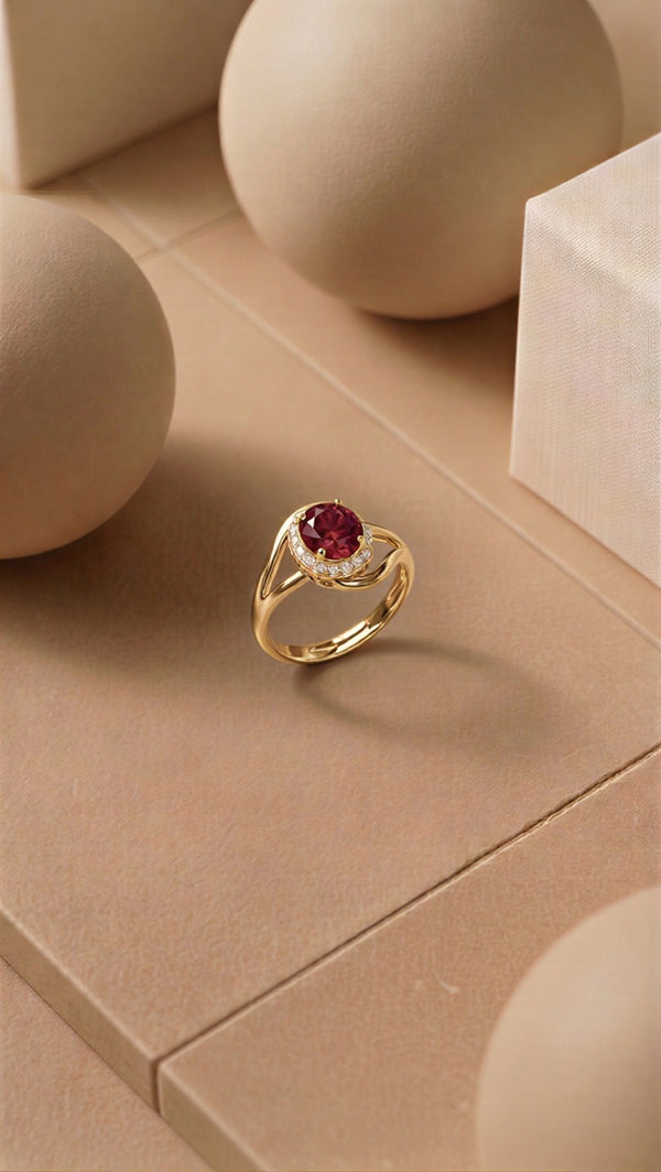''The Scarlet Swirl: Argent-Polish Ruby Halo Ring