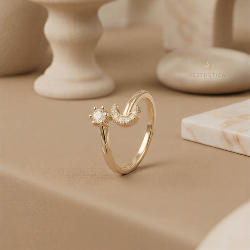 The Celestial Zenith: Silver-Lustre Crescent Moon & Star Solitaire Ring