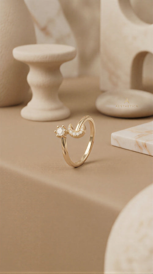 The Celestial Zenith: Silver-Lustre Crescent Moon & Star Solitaire Ring