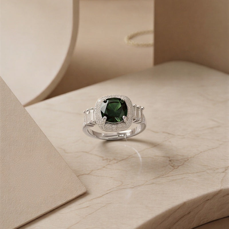 The Forest Ether Masterpiece: An Avant-Garde Pear-Shaped Radiant Green Solitaire Enveloped in Architectural Crystalline Contours with Dual-Tone Metallic Versatility