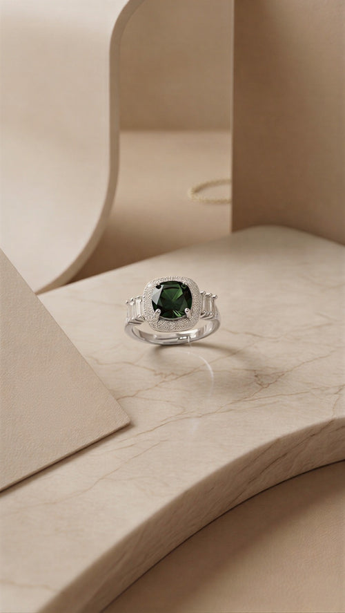 The Forest Ether Masterpiece: An Avant-Garde Pear-Shaped Radiant Green Solitaire Enveloped in Architectural Crystalline Contours with Dual-Tone Metallic Versatility