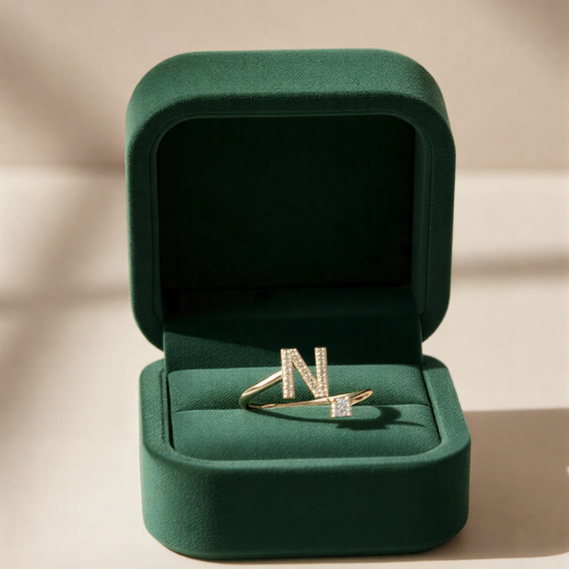 Signature Initial 'N' Crystal Suite – Bespoke Gold-Tone Adjustable Ring