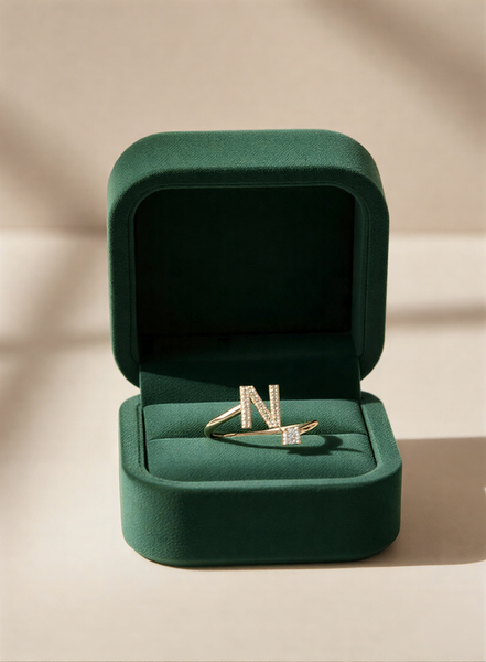 Signature Initial 'N' Crystal Suite – Bespoke Gold-Tone Adjustable Ring