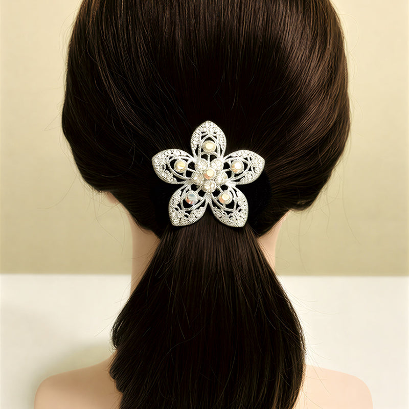 Premium Floral Crystal Pony Holder – Elegant Filigree Elastic Hair Tie