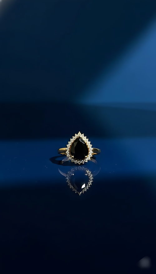Midnight Pear Cut Halo Ring – Sleek Gold-Hued Statement | One Jewellery Store