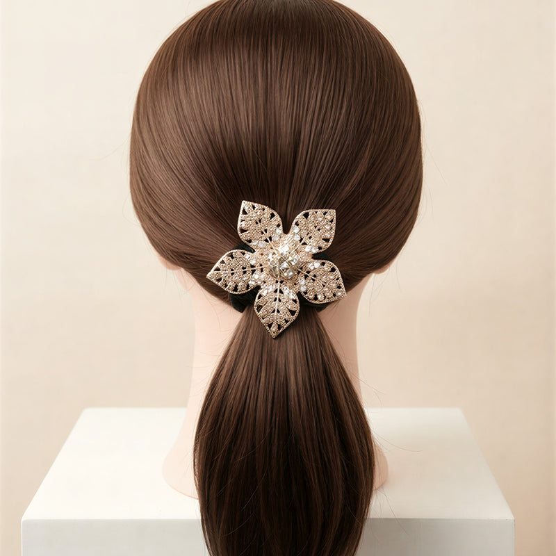 Luxury Floral Pony Holder | Crystal Filigree Elastic Hair Tie.