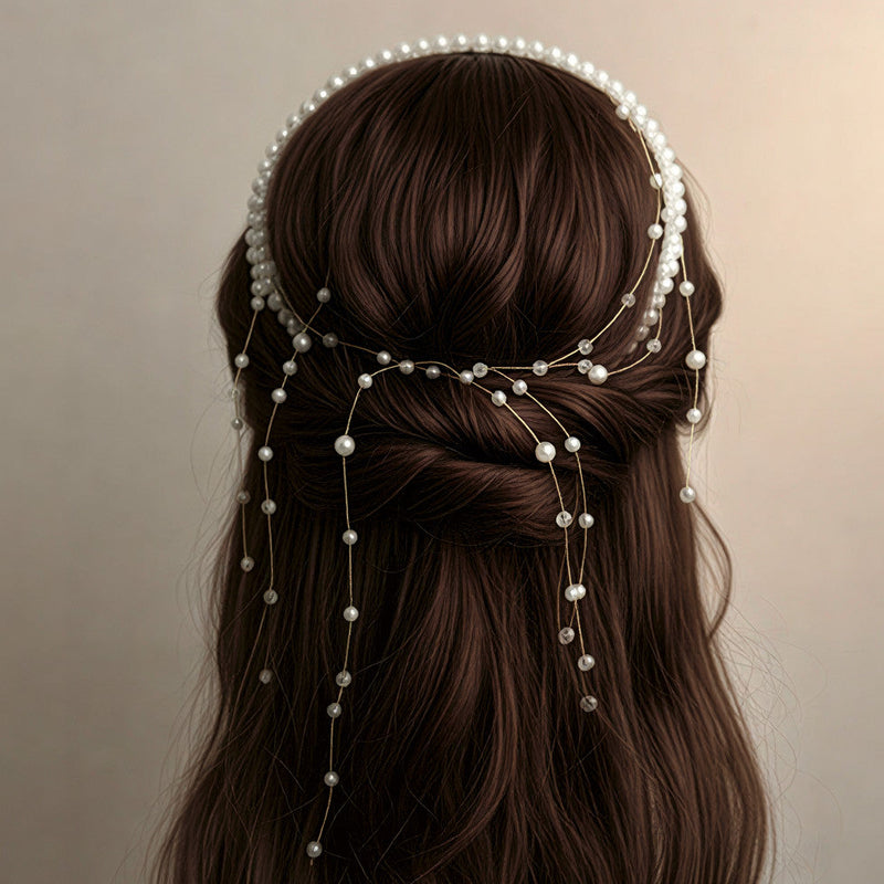 Ethereal Pearl & Crystal Cascading Halo – Elegant Multi-Strand Bridal Headpiece