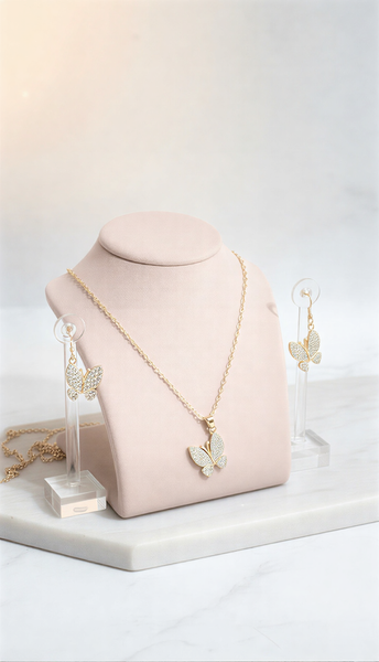Enchanted Crystal-Pave Butterfly Suite – Whimsical Butterfly Necklace & Earring Set