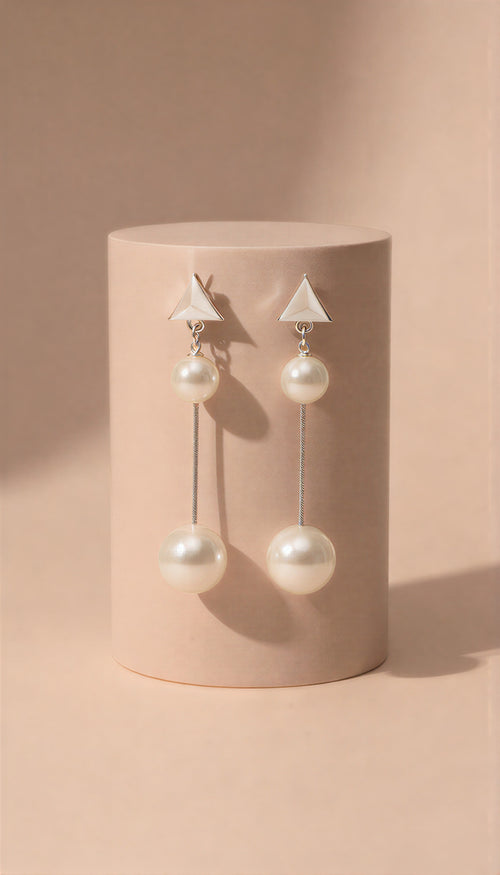 Elegant Triangle Pearl Double Drop Earrings – High-Shine Finish