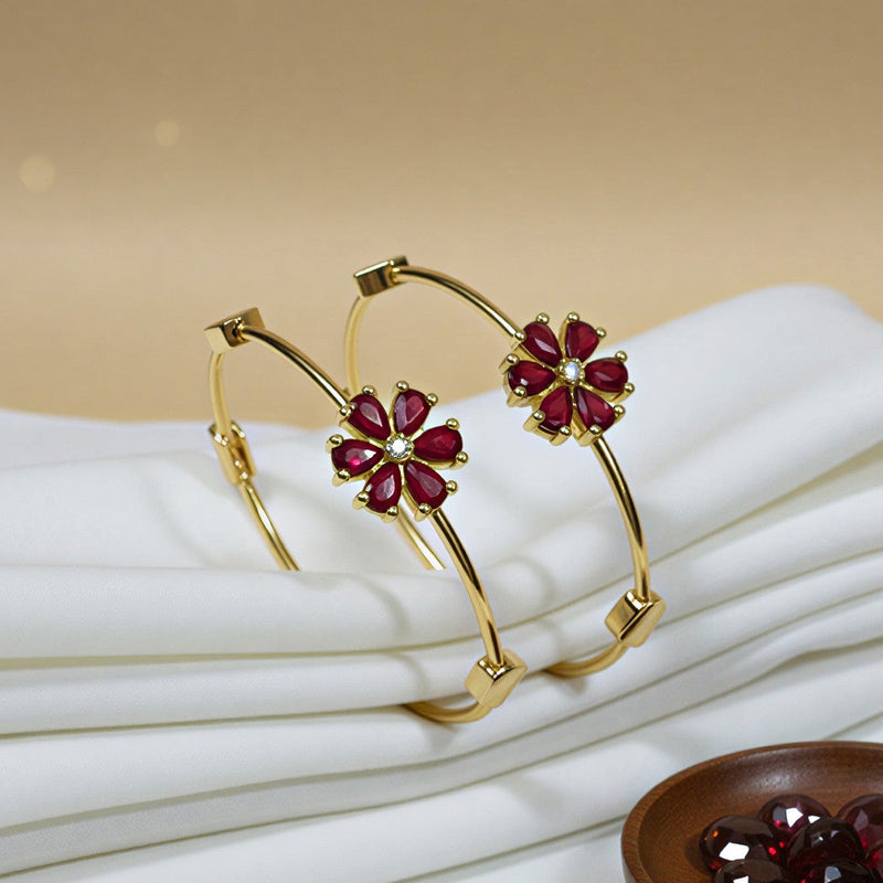 Elegant Ruby Floral Gold-Tone Bangles – Pair of 2