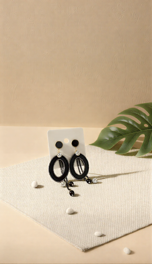 Vintage Geometric Statement Drop Earrings – Black Enamel & Crystal Tassel Fashion Jewelry