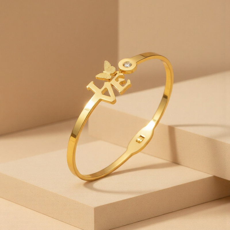 Elegant  "LOVE" Bangle with Butterfly & Crystal Accent