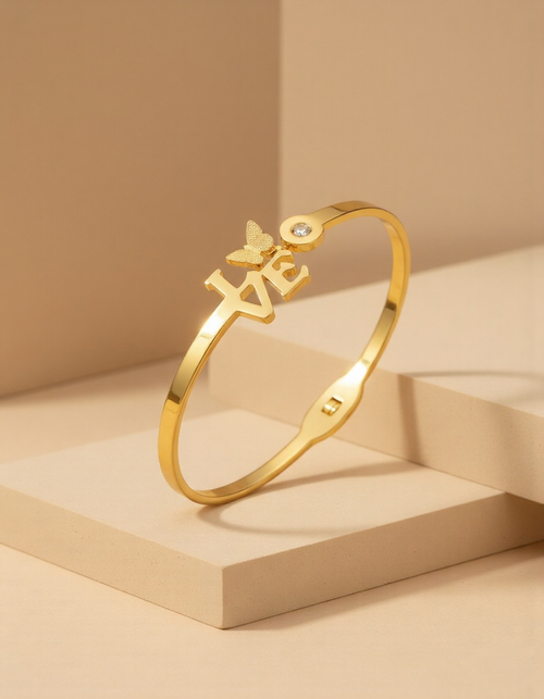 Elegant  "LOVE" Bangle with Butterfly & Crystal Accent