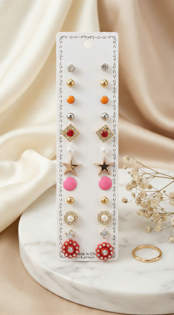 12-Pair Vibrant Celestial & Heart Earring Set – Multi-Color Mix