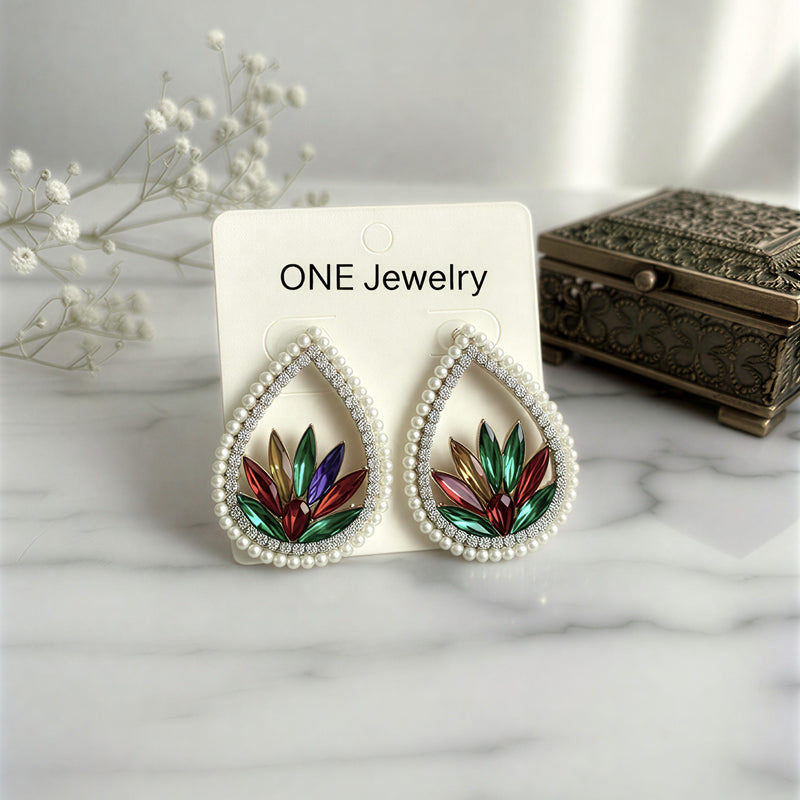 Radiant Marquise Floral Teardrop Suite – Elegant Pearl-Halo Statement Dangles