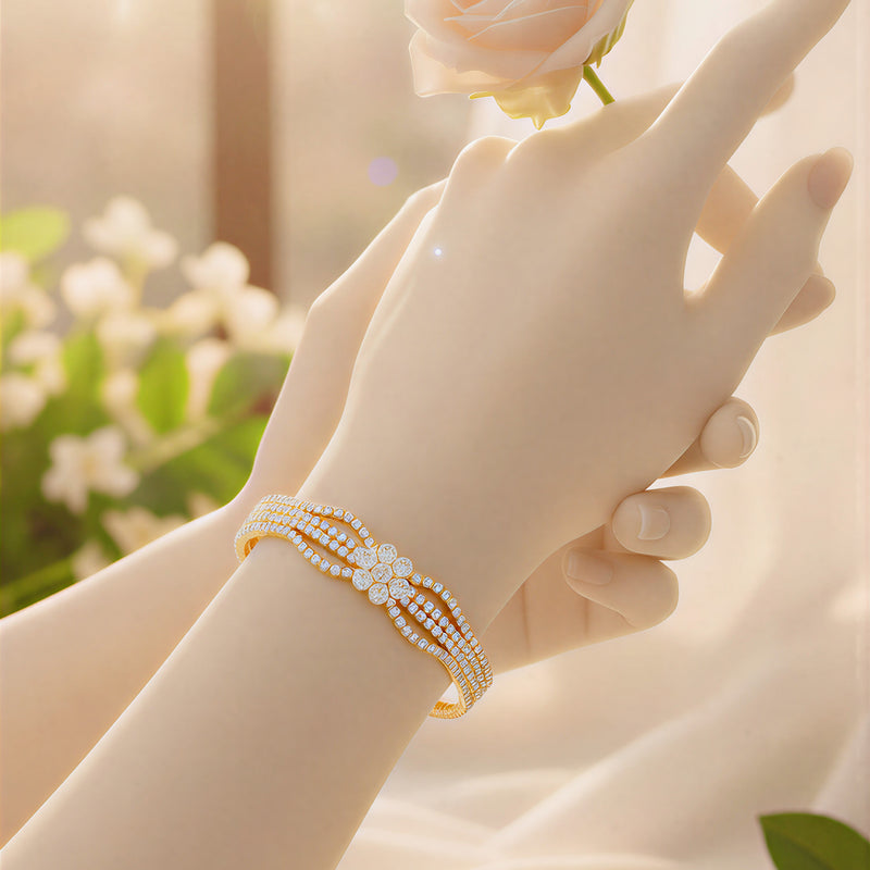 Dazzling Gold-Tone Floral Bracelet – Multi-Strand Crystal Studded Cuff